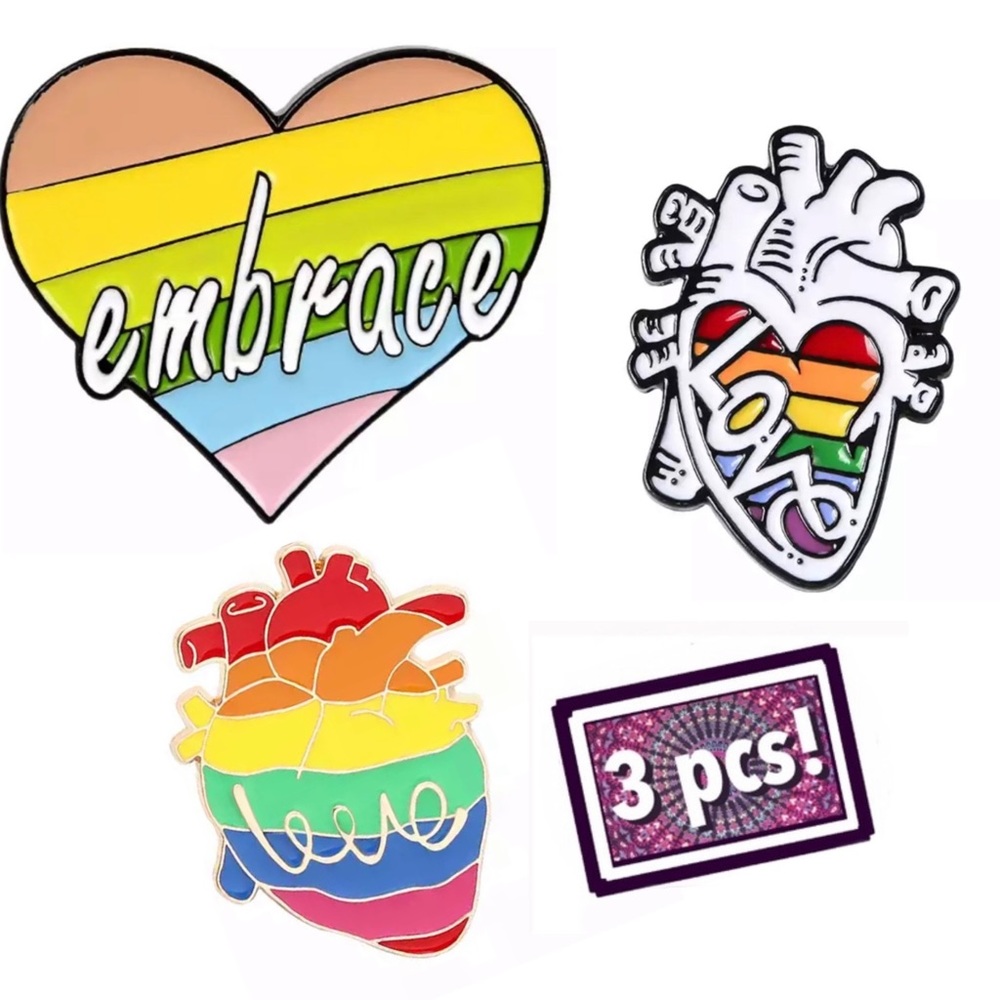 Set of 3 Queer Pride Heart Pins LGBTQ+ Rainbow Anatomical Hearts Scrubs Badges